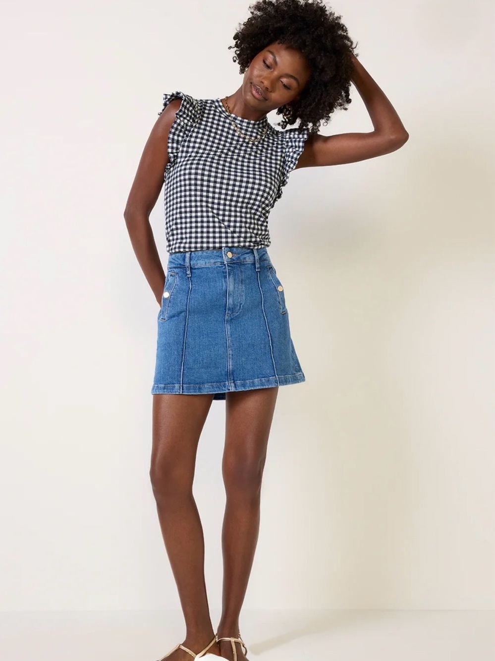 Nation LTD Paulette Gingham Ruffle Sleeve Top Toto Black White Evereve XS